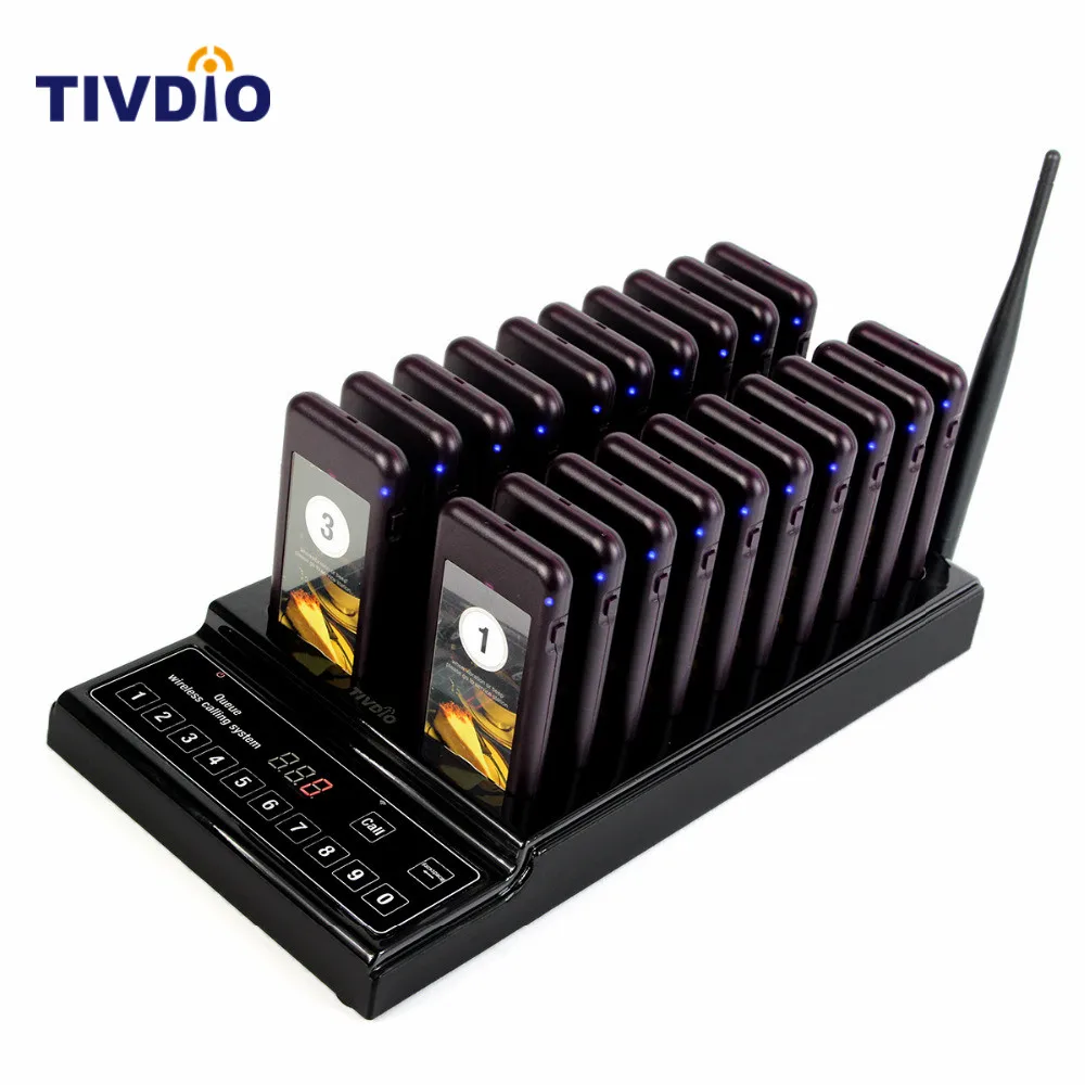 

Wireless Restaurant Pager Guest Paging Queuing System with 1 Transmitter + 20 Chargeable Restaurant Equipment 999 Channel F9402
