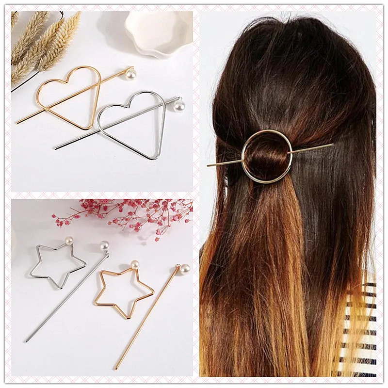 

Timlee H132 Fashion Simple Heart Star Round Design Imitation Pearl Metal Hair Sticks Hair Clip Hair Accessory Wholesale