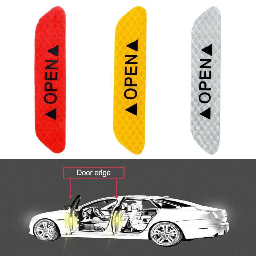 

4pcs/Set Auto Warning Mark self adhesive Reflective Tape OPEN Car Door Sticker Tail Rear Bumper Reflector Safety Running Signs