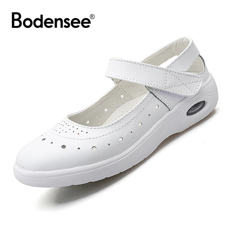 

Bodensee Women Mary Janes Shoes Genuine Leather Round Toe Non-slip Rubber Ballet Flats Career Nurse White Flat Shoes Summer
