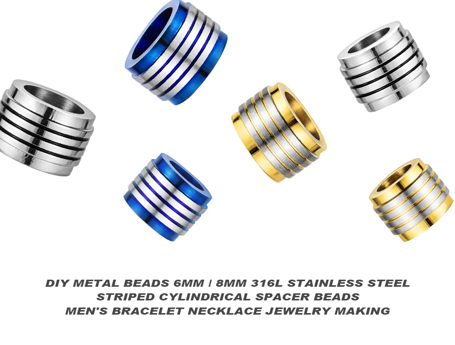 REAMOR DIY металлические бусины 6 мм/8 мм синий 316l нержавеющая сталь полосы полые цилиндрические бусины для мужчин браслет ожерелье ювелирных изделий