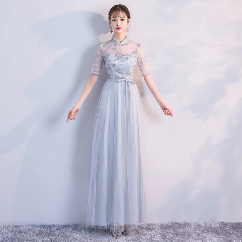 

Crepe Embroidery Maxi Dress Bridesmaid Dress Woman Dresses for Party and Wedding Grey Colour Back of Bandage
