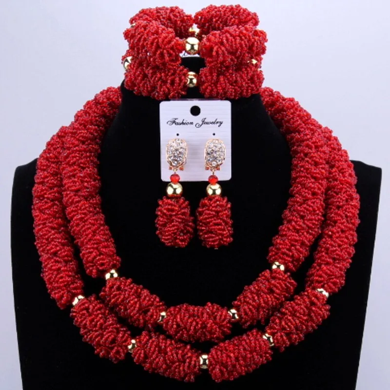 

African Beads Jewelry Sets For Women Wedding Red Nigerian Jewellery Necklace Bracelet Earrings Gift Set Free Shipping 2018 New