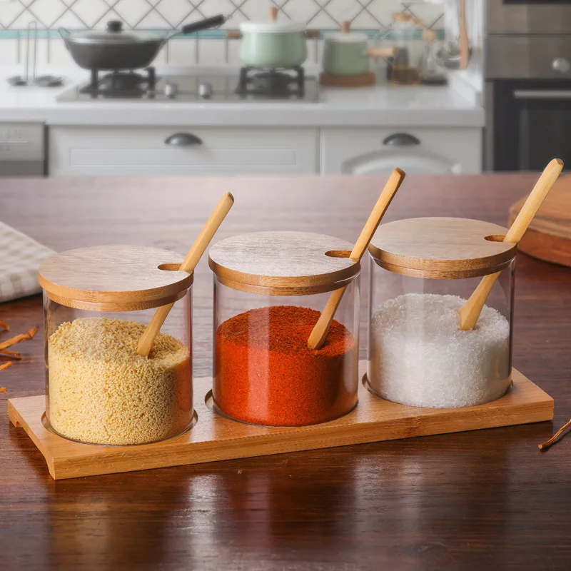 

Kitchen Seasoning Spice Storage Box Glass Bottles With Wooden Spoon Lids Sugar Salt Containers Home Organization Accessories