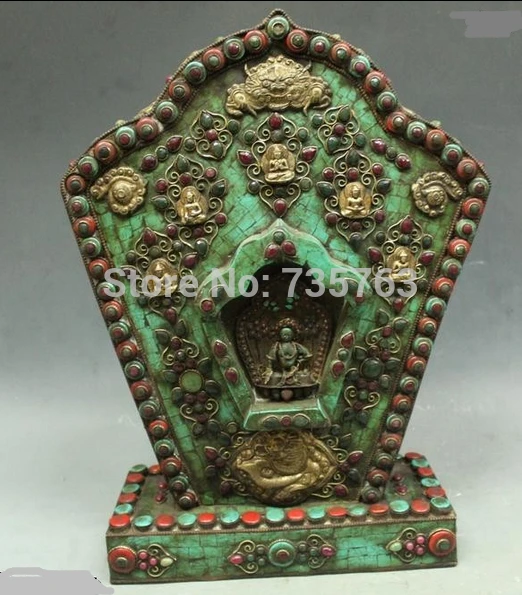 

xiuli 001432 16"Tibet Buddhism Fane Bronze turquoise coral Gem Kwan-Yin Buddha Kan Statue