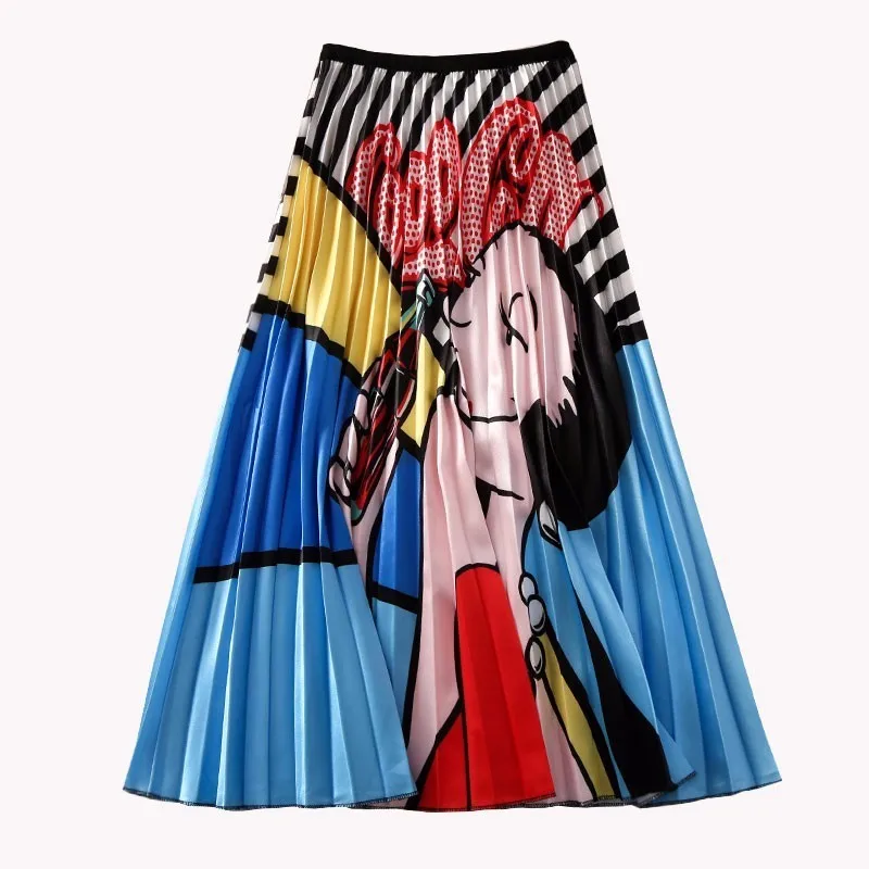 

Cartoon Printed long Pleated skirt High Waist Tulle A-Line Mid-Calf Skirts womens summer Harajuku 2019 new arrivals streetwear