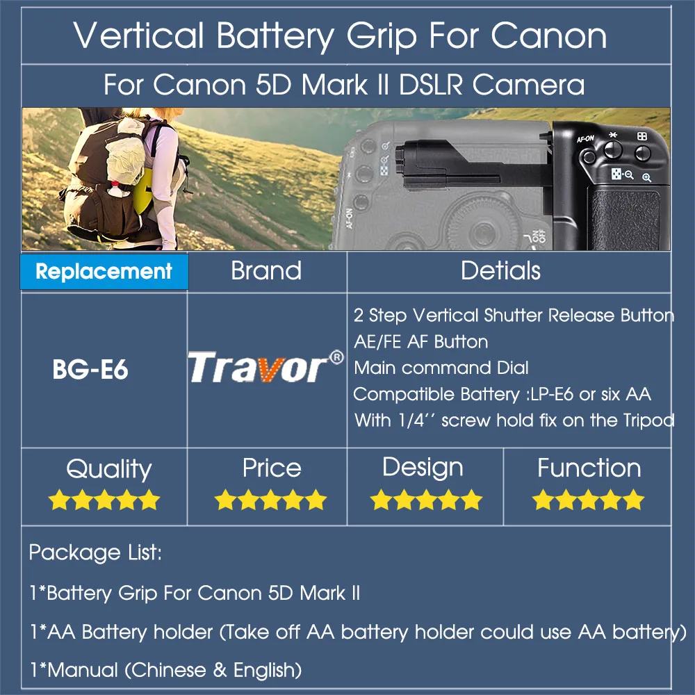 Travor Вертикальная Батарейная ручка для Canon 5D Mark II 5D2 Замена BG-E6 работать с LP-E6 батареей