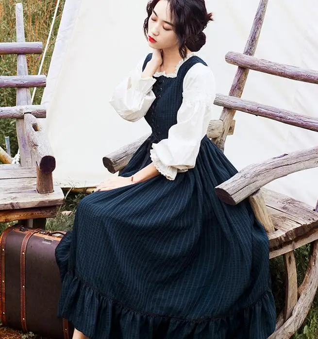 

Free Shipping High Quality Princess Style 2019 Spring New Arrival Square Collar Lantern Sleeve Woman Long Cotton Dress