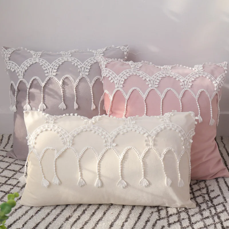 

30x50/45x45cm cream white/pink/grey lace fringes cushion cover velvet waist pillowcase sofa lumbar pillow cover home decor