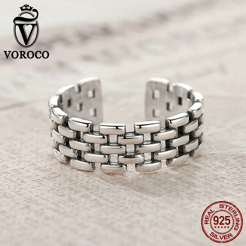

VOROCO Authentic 925 Sterling Silver Watch Chain Patterns Finger Ring Adjustable Band Rings Women & Man Fine Jewelry Gift VSR006