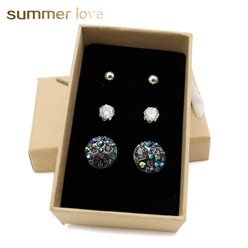 

3 Pairs/lot Simple Style Earring Set Small Ear Studs Round Ball Crystal Earrings Silver for Women brincos Jewelry With Gift Box