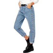 Boyfriend/мешковатые джинсы, женские брюки, винтажные прямые джинсы для девочек, штаны с высокой талией, женские свободные, с вырезами, с заклепками, JeansB55