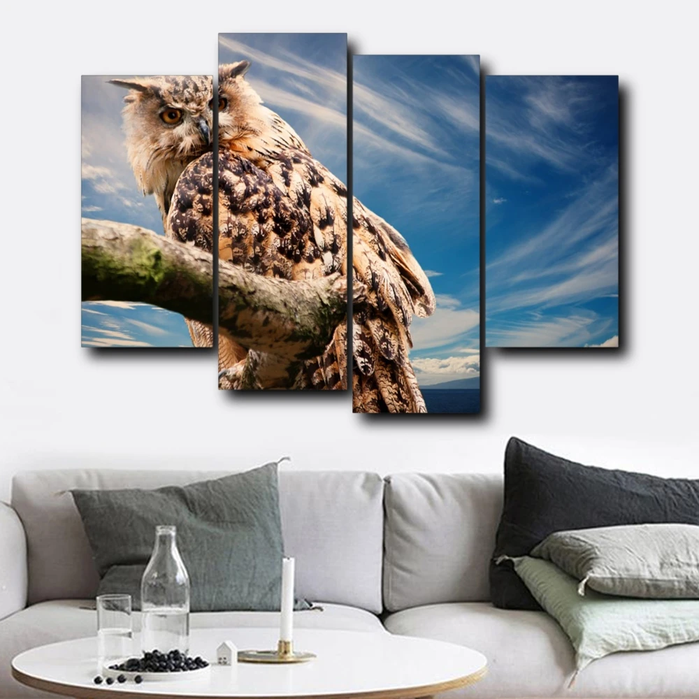 

Laeacco Modern 4 Panel Owl Animal Posters and Prints HD Canvas Calligraphy Painting Wall Artwork Nordic Home Living Room Decor