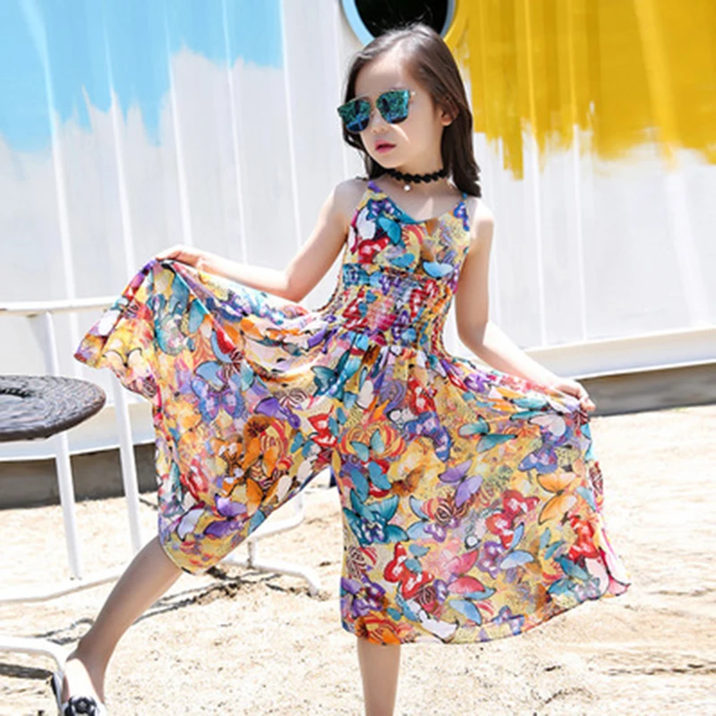 

2019 New Children's Harness Girls Dress Summer Floral Wide Leg Pants Personality Jumpsuit Sleeveless Children Dress Clothes