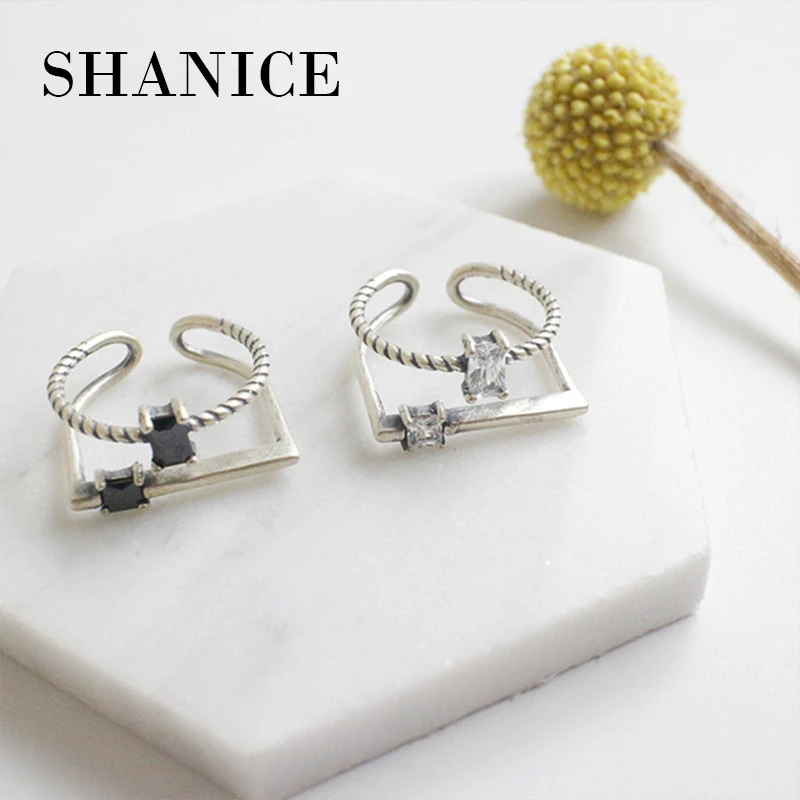 

SHANICE 925 Sterling Silver Open Rings Square Double Twist Cubic Zircon Adjustable Finger Rings Fashion Silver Jewelry