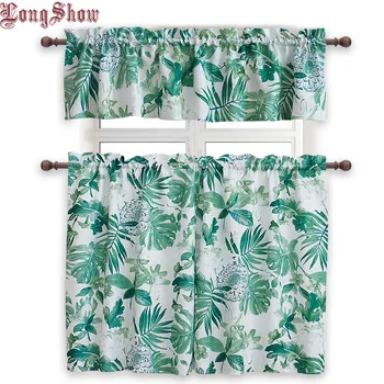 

1 Set 3 pcs Home Decorative Modern Palm Leaves Design Rod Pocket Super Smooth Jacquard Kitchen Curtains