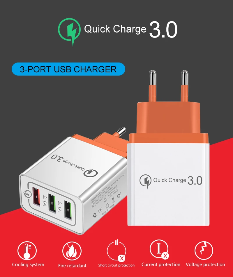 Зарядное устройство QC3.0USB быстрое зарядное устройство 3 USB быстрая зарядка 3,0 для samsung s10 iphone 7 8 x xr redmi note 8