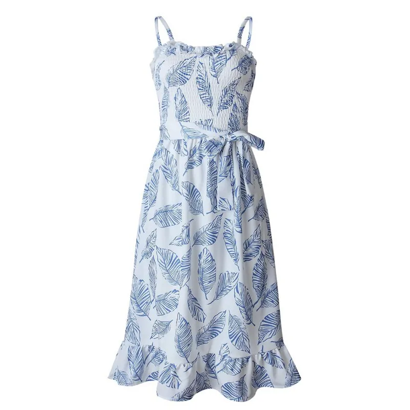 

Casual New Women Spring Summer Sexy Halter Mid-Calf Dress Straps Ruffled Sling Flower Print Dress