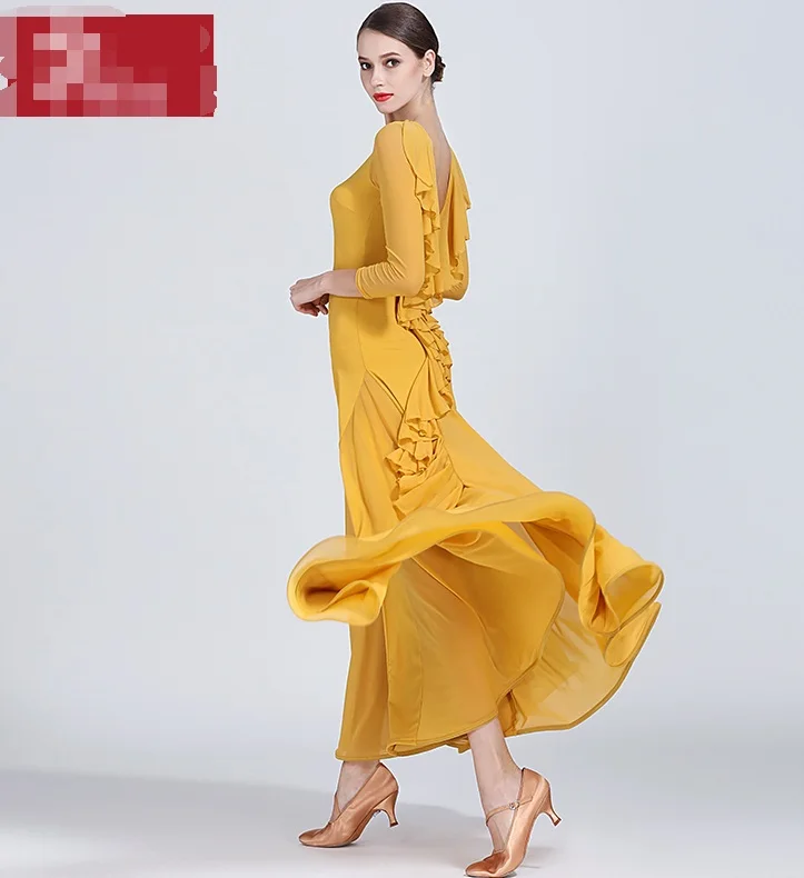 Ballroom Dance Competition Dresses High Quality Long Sleeve Flamenco Skirt Women Stage Ballroom Dress red green yellow S9035