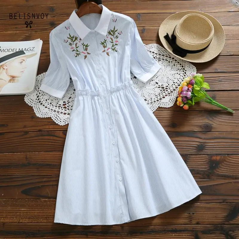 

Mori Girl Summer Women Floral Embroidery Dress Striped Cute Turn-down Collar Female Elbise Short Sleeve Cotton Linen Vestidos