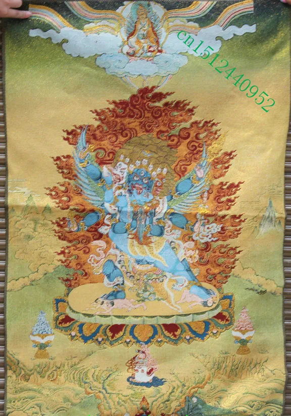 36" Tibet Buddhism Silk ClothMahakala Wrathful Deity Embroidery Thangka Mural 