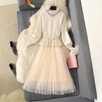 

Fashion Womens Dress Suit 2018 Autumn Winter Long Sleeve Knit Sweater + Lace Gauze Dress Ladies Elegant Dresses Two Piece Set