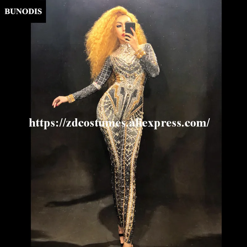 

ZD244 Women Sexy Luxurious Jumpsuit 5000 PCS Gold & Silver Sparkling Crystals Bling Bodysuit Nightclub Party Birthday Stage Wear