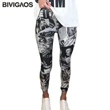 BIVIGAOS Досуг модные газетные Belle черные белые цифровые печатные граффити леггинсы с цветочным узором брюки эластичные леггинсы брюки женские готский