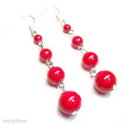 

Free shipping Red Coral 4 Tower Beads White Gold Plated Hook Earrings