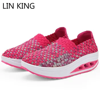 

LIN KING Breathable Knit Women Swing Shoes Lady Round Toe Slip On Lazy Platform Shoes Slim Female Wedges Height Increase Loafers