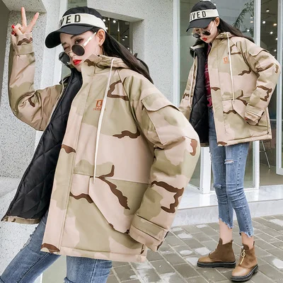 Зимняя камуфляжная куртка Женская Корейская хлопковая одежда с капюшоном для девочек свободные зимние женские пальто Харадзюку X154 - Цвет: cun  se  khaki