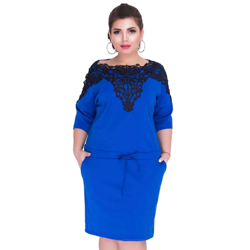 

Elegant Ladies OL Office Work Wear Women Plus Size 3XL 4XL 5XL 6XL Dress Lace Splice Pocket Bodycon Dress Large Sizes Wrap Dress
