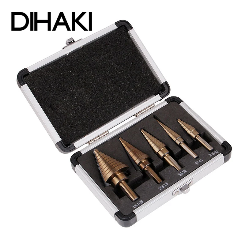

5pc Large Cobalt HSS Step Titanium Cone Drill Hole Cutter Bit Multiple Hole 50 Sizes Step Drill Bit W/Case Power Tool Drill Bit