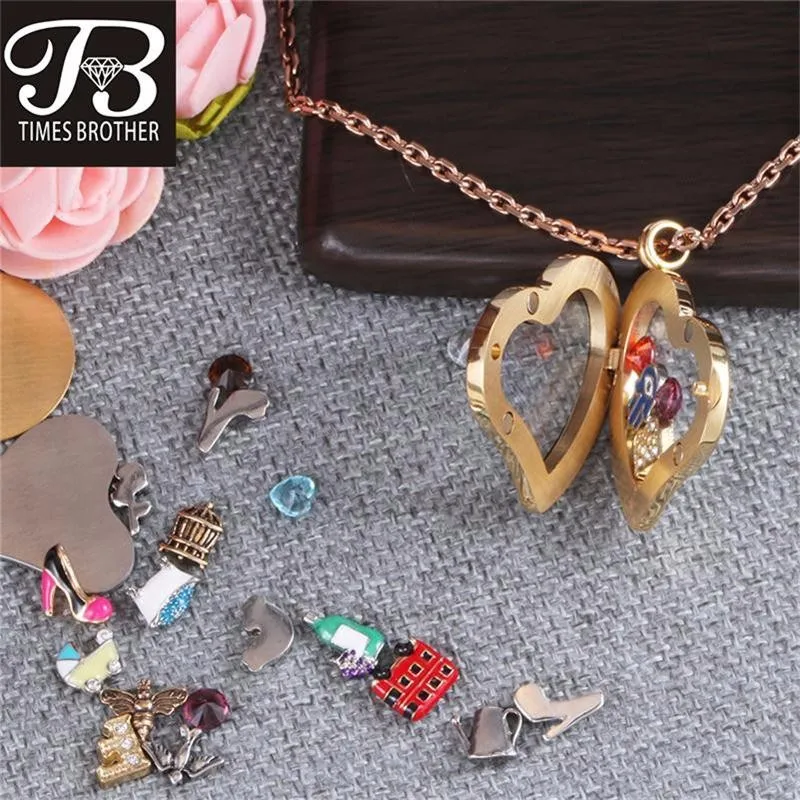 30mm Rainbow Rhinestone Memory Lockets 316L Stainless Steel Gold Heart Shaped Floating Glass Locket  (5)
