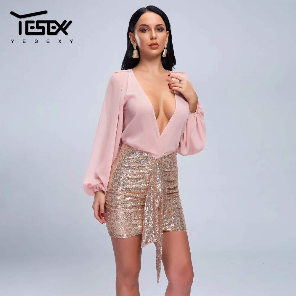 

Yesexy 2019 Summer Sexy Deep V See Though Long Sleeve Mini Dresses Solid Color Sequins Patchwork Sheath Party Dresses VR19412