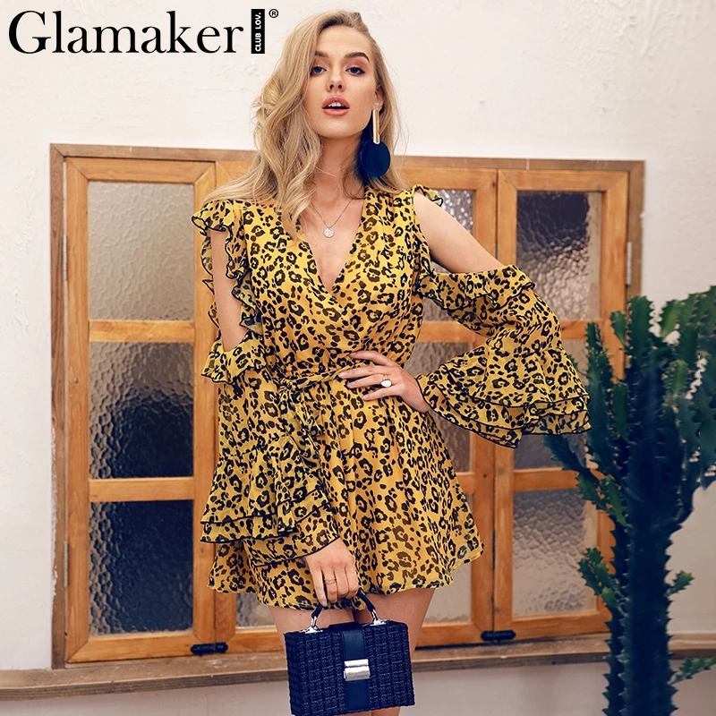 Glamaker Leopard print chiffon women playsuit Off shoulder deep V neck lace up romper Flare Sleeve party summer holiday jumpsuit