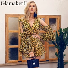 Glamaker Leopard print chiffon women playsuit Off shoulder deep V neck lace up romper Flare Sleeve party summer holiday jumpsuit