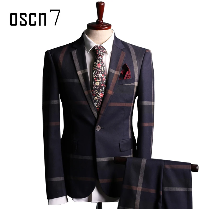 OSCN7 Navy Blue Slim Fit Plaid Suit Men Notch Lapel Business Formal ...