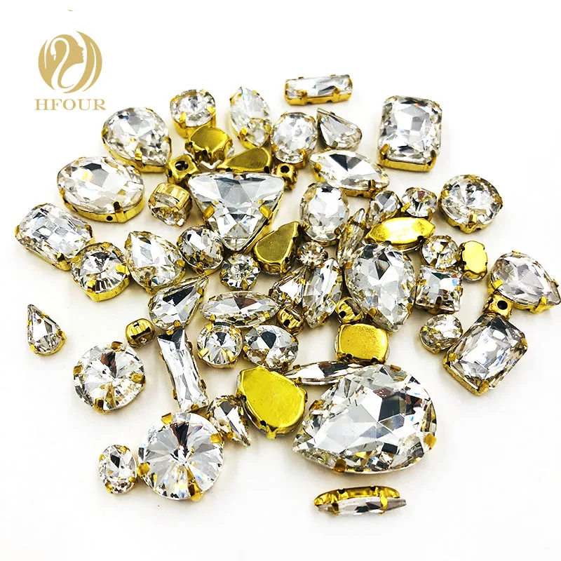 

Hot sale Gold base mixed shape mix size white glass crystal faltback sew on rhinestones DIY Garment/Wedding dress Accessories