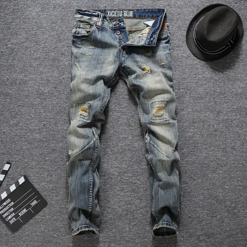 Мужские джинсы винтажные облегающие с прорезями|men jeans high quality|slim fit ripped jeansbiker |