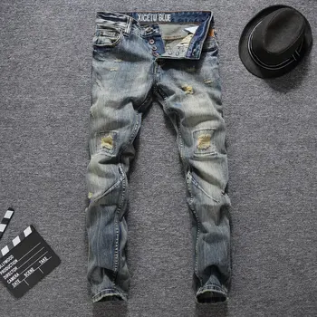 

2018 Newly Fashion Mens Jeans High Quality Slim Fit Ripped Jeans Homme Italian Designer Brand Men Jeans Vintage Biker Jeans Men