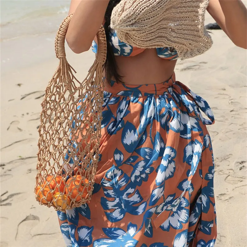 

Women Handbags Mesh Rope Net Bags INS Chic Summer Beach Bags Cotton Hollow Out Basket Composite Bag Leisure Straw Bag for Girls