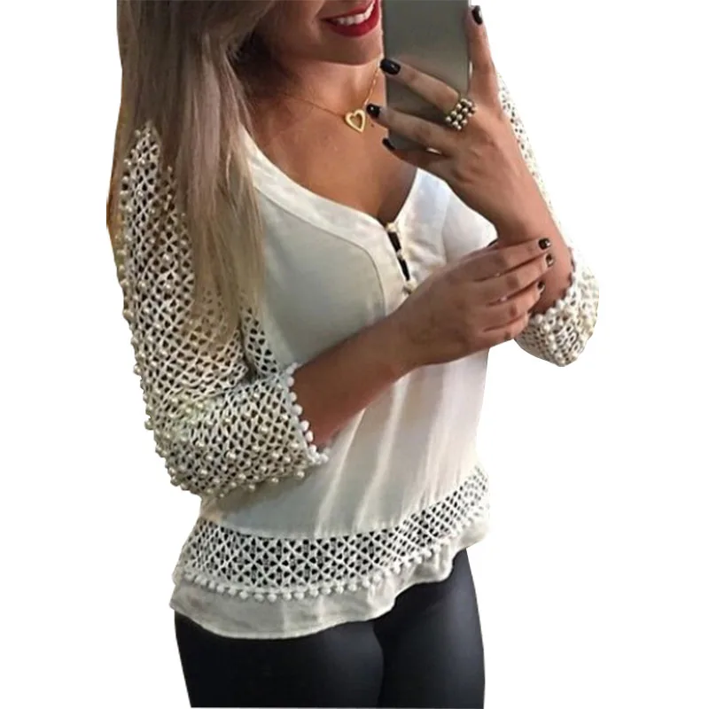 

European American blouse women V-neck mesh white women blouses lace shirt clothing vestido LBD0850