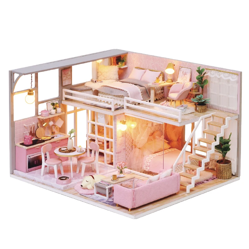 Diy Миниатюрный Кукольный дом наборы для сборки девочек розовый Лофт 3D Деревянный кукольный домик со светодиодной мебелью пылезащитный чехол головоломки игрушки для детей