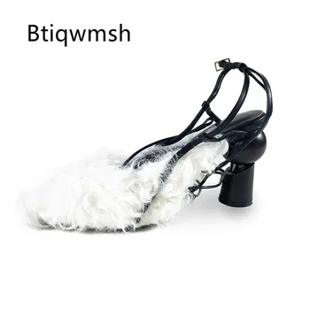 

2019 Novelty Gladiator Sandals Woman Pointed Toe Wool Fur Cross Strap Blocks Strange High Heel Shoes Woman Fashion Party Shoes
