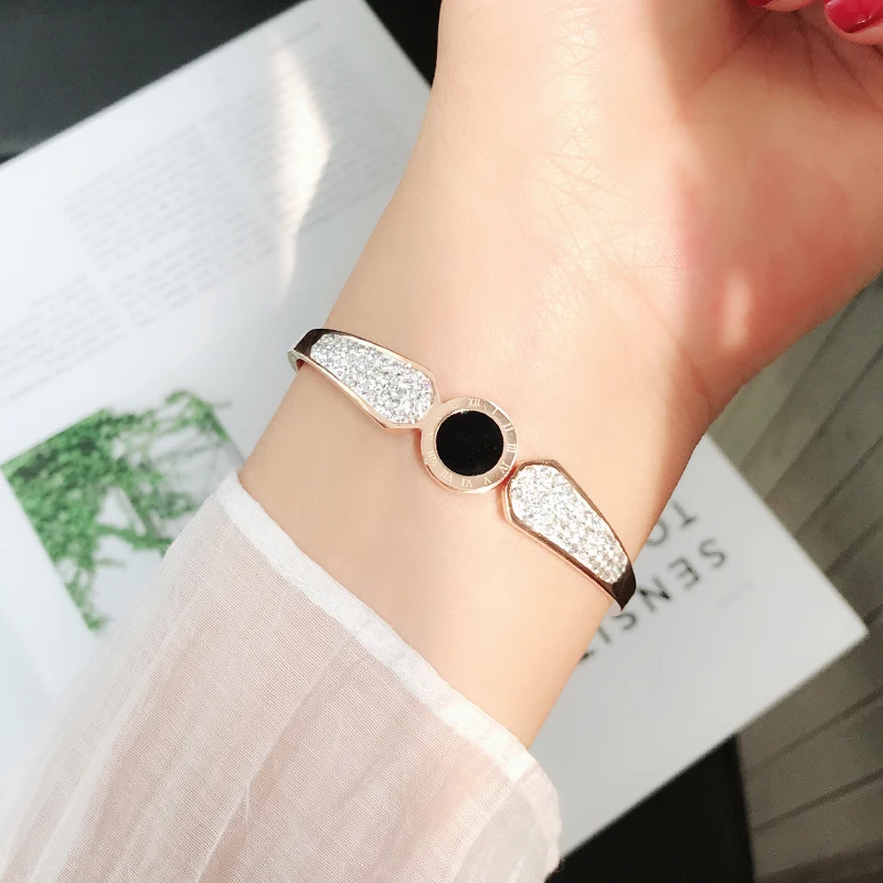 

YUN RUO 2018 New Arrival Super Shiny Crystal Bangle Rose Gold Color 316 L Titanium Steel Jewelry Woman Never Fade Korean style