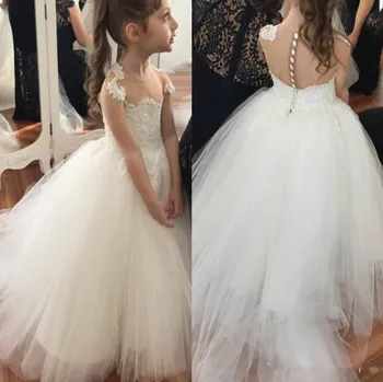 

New Long White Tulle Flower Girl Dress with Buttons Sheer Neck Sleeveless First Communion Gowns Custom Made Princess Dresses