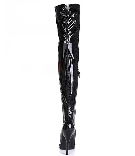 Черные женские высокие сапоги из лакированной кожи женские вечерние туфли с острым носком на тонком каблуке