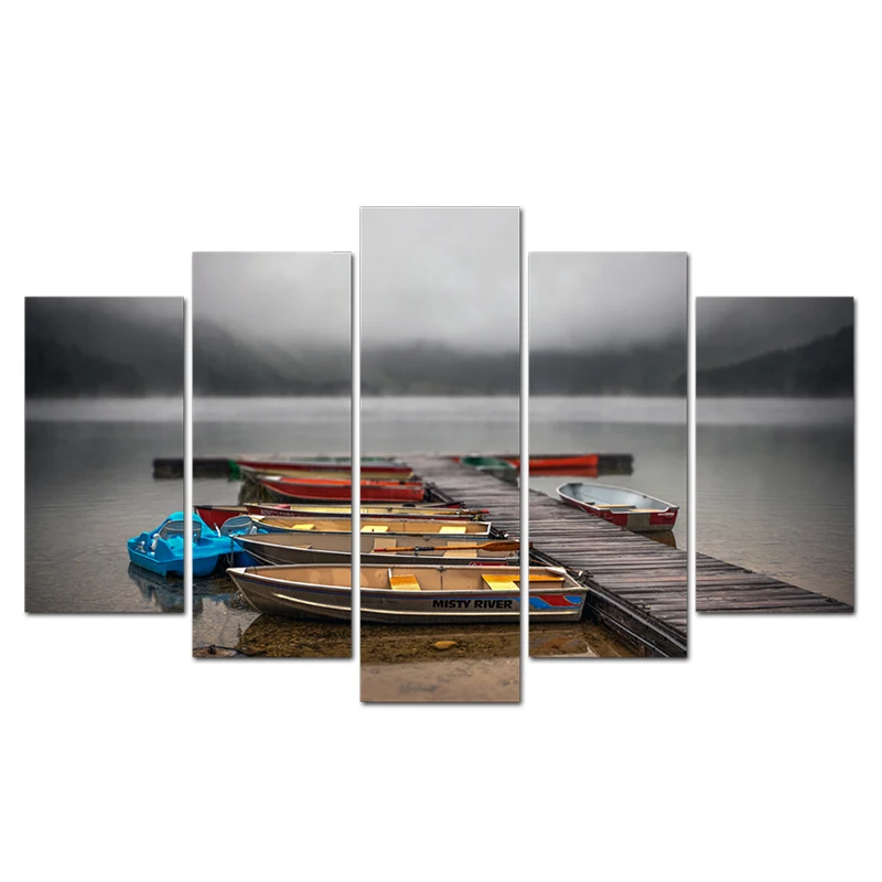 

Canvas Paintings Living Room Home Decor Modular HD Prints 5 Pieces Boat and Pier Pictures Wall Art Framework Spray Painting