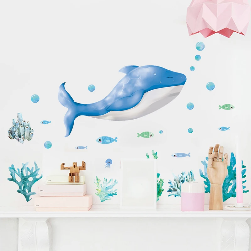 

% 3D Cartoon Underwater World Whale fish Wall Stickers Home Decor Living Room Bathroom PVC Decoration Mural Wall Art DIY Decals